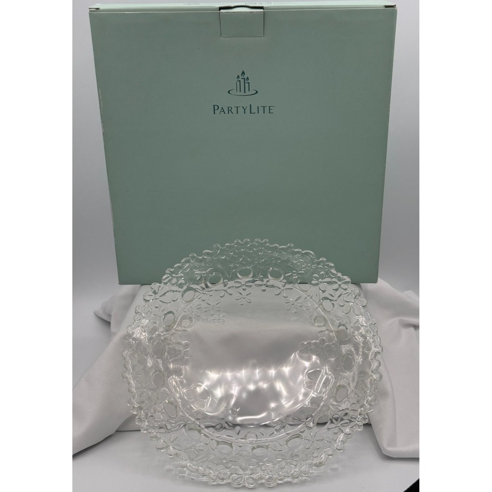 Partylite P7717 10" Clear Glass Hydrangea Pillar Footed Candle Tray - NEW Open